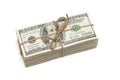 Stack of One Hundred Dollar Bills Tied in a Burlap String on White Royalty Free Stock Photo