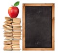 Stack of open books with school blackboard Royalty Free Stock Photo