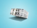 Stack of pack of dollars falling on half 3d render on blue background with shadow Royalty Free Stock Photo