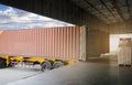 Stack of Package Boxes with Cargo Container. Trailer Parked Loading at Dock Warehouse. Delivery Service. Shipping Warehouse.