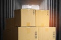 Stack of Package Boxes inside Cargo Container. Shipment Freight Truck Transportation.
