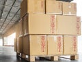 Stack of Package Boxes Load into Container Truck. Truck Parked Loading at Dock Warehouse. Delivery Service. Shipping Warehouse. Royalty Free Stock Photo