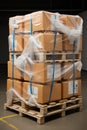 Stack of Package Boxes on Pallet in storage. Supply Chain Cardboard Boxes, Packaging Stoage. Cargo Shipment Logistics Royalty Free Stock Photo