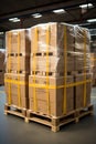 Stack of Package Boxes on Pallet in storage. Supply Chain Cardboard Boxes, Packaging Stoage. Cargo Shipment Logistics Royalty Free Stock Photo