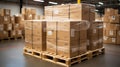 Stack of Package Boxes on Pallet in storage. Supply Chain Cardboard Boxes, Packaging Stoage. Cargo Shipment Logistics Royalty Free Stock Photo