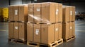 Stack of Package Boxes on Pallet in storage. Supply Chain Cardboard Boxes, Packaging Stoage. Cargo Shipment Logistics Royalty Free Stock Photo