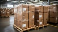 Stack of Package Boxes on Pallet in storage. Supply Chain Cardboard Boxes, Packaging Stoage. Cargo Shipment Logistics Royalty Free Stock Photo