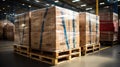 Stack of Package Boxes on Pallet in storage. Supply Chain Cardboard Boxes, Packaging Stoage. Cargo Shipment Logistics Royalty Free Stock Photo