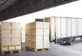 Stack of Package Boxes on Pallets Load with Shipping Cargo Container. Truck Parked Loading at Dock Warehouse. Delivery.