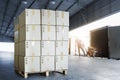 Stack of Package Boxes on Pallets Load with Shipping Cargo Container. Truck Parked Loading at Dock Warehouse. Delivery Warehouse Royalty Free Stock Photo