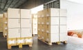 Stack of Package Boxes on Pallets Loading into Shipping Cargo Container. Truck Parked Loading at Dock Warehouse. Supply Chain. Royalty Free Stock Photo