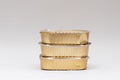 Stack of packed canned food on white background