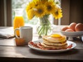 A stack of pancakes with bacon and eggs on a plate. AI generative image . American Breakfast. Royalty Free Stock Photo