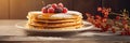 Stack of pancakes with berries. Advertising banner, web banner. Lush delicious pancakes with blueberries, raspberries