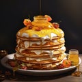 A stack of pancakes with berries and maple syrup, with splashes and drips being poured on top. Royalty Free Stock Photo