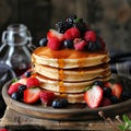 Tasty pancakes on the plate with fruits on it