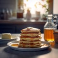 a stack of pancakes with butter and syrup, for breakfast