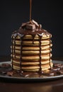 A stack of pancakes with chocolate sauce and pieces on serveware