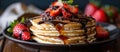 Stack of Pancakes With Chocolate Syrup and Strawberries Royalty Free Stock Photo