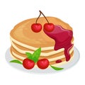 Stack of pancakes with dripping cherry syrup and cherries on top. Plate with american breakfast pancakes, sweet dessert