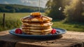 Stack of Golden Pancakes Drizzled with Maple Syrup and Fresh Berries in Nature Royalty Free Stock Photo