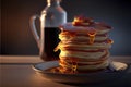 Stack of pancakes, with a few pieces of bacon on top