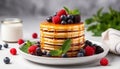 Stack of pancakes with fresh berries and maple syrup on a white plate. Generative AI Royalty Free Stock Photo