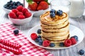 Stack of pancakes with fresh blueberry, raspberry and honey, milk and fresh berries, healthy breakfast concept Royalty Free Stock Photo