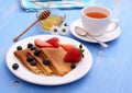 Stack pancakes, fresh strawberry blueberry, honey Royalty Free Stock Photo