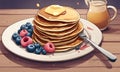 stack of pancakes with fruit, butter and syrup, illustration style Royalty Free Stock Photo