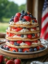 A stack of pancakes with fruit and cream outdoors. Royalty Free Stock Photo