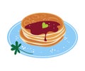 Stack of pancakes with honey on plate. Traditional breakfast cartoon vector illustration