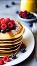 Stack of pancakes with maple syrup, butter and berries AI Generated Royalty Free Stock Photo