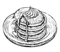 Stack of pancakes with maple syrup and piece of butter. Breakfast pancakes with syrup and butter on a plate sketch art