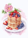 A stack of pancakes on a plate with strawberries and currants (blueberries). Royalty Free Stock Photo