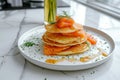 stack of pancakes with salted salmon on a plate Royalty Free Stock Photo