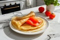 stack of pancakes with salted salmon on a plate Royalty Free Stock Photo