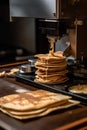 A stack of pancakes sitting on top of a counter. Generative AI image. Royalty Free Stock Photo