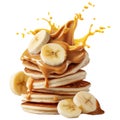 Stack of pancakes topped with banana slices and peanut butter splash isolated on white transparent background Royalty Free Stock Photo
