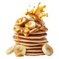 Stack of pancakes topped with banana slices and peanut butter splash isolated on white transparent background Royalty Free Stock Photo