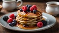 Stack of Delicious Pancakes with Fresh Berries and Maple Syrup on a Rustic Table Royalty Free Stock Photo