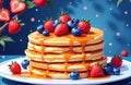 Delicious layered pancakes topped with fresh berries and drizzled with syrup on a white plate Royalty Free Stock Photo