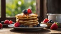 Stack of Delicious Pancakes Topped with Maple Syrup and Fresh Berries On Rustic Table Royalty Free Stock Photo