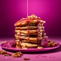 Delicious Pancakes With Peanut Sauce On A Vibrant Magenta Background