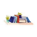 Stack of paper books on shelf. Houseplants and diaries on bookcase. Fiction literature, novels in home library. Reading