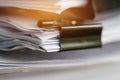 Stack of Paper documents with clip, Pile of unfinished documents on office desk folders. Business papers for Annual Report files, Royalty Free Stock Photo