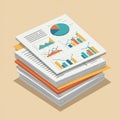 A stack of paper reports on a beige background. The top sheet displays various Royalty Free Stock Photo