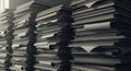 stacks of paperwork and documents overwhelm the scene, symbolizing bureaucracy, workload, and office administration in a monochrom Royalty Free Stock Photo