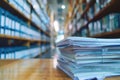 A stack of papers and documents piled high on a wooden table, suitable for office or study scenes Royalty Free Stock Photo