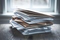 Papers and envelopes piled haphazardly on wooden surface, serene light glowing